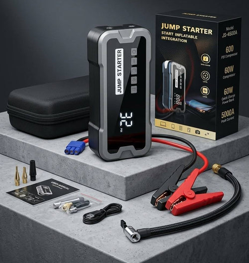 Arrancador de coche 4 en 1 con compresor de aire, batería externa y linterna